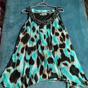 Signature by Larry Levine Teal Black and Cream Animal Print Halter Tank